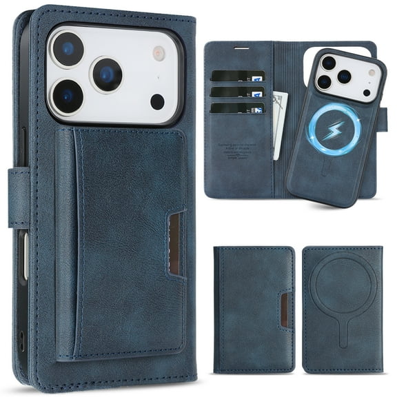 ELEHOLD Magnetic Wallet Case for iPhone 17 Pro, 3-in-1 Detachable Faux Leather Flip Cover with Kickstand and Card Slots,Blue