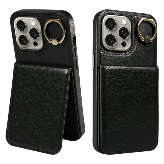 ELEHOLD Magnetic Wallet Case for iPhone 13, Built-in 360°Rotation Ring Stand,Slim Shockproof with Card Slot Retro PU Leather, Hybrid Rugged Drop Protective Cover, black