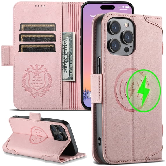 ELEHOLD Magnetic Wallet Case for iPhone 14 Plus Flip PU Leather Case with Built-in Credit Card Slots Cash Pocket Stand Function Compatible with Mag Safe Magnetic Closure Shockproof Cover,pink