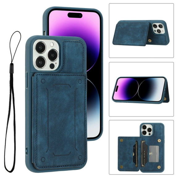 ELEHOLD Magnetic Wallet Case for iPhone 14 Pro 6.1",PU Leather Card Slots Stand Function Shockproof Multi-Functional Purse Case with Wrist Strap,Blue