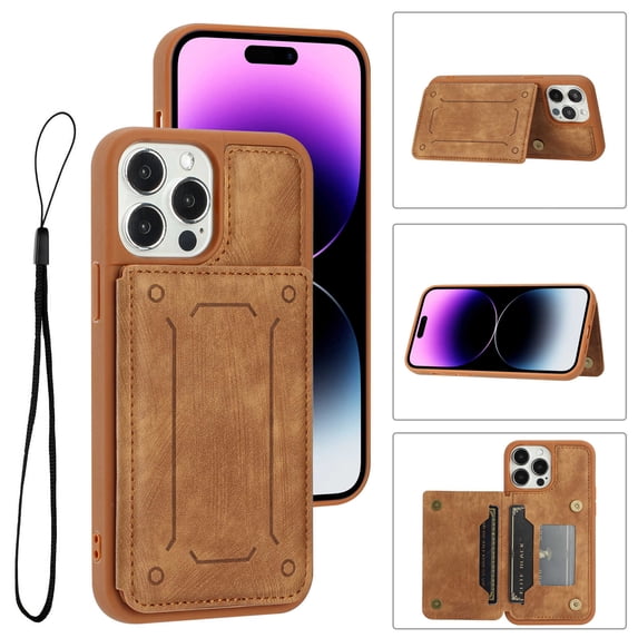 ELEHOLD Magnetic Wallet Case for iPhone 14 Pro 6.1",PU Leather Card Slots Stand Function Shockproof Multi-Functional Purse Case with Wrist Strap,Brown