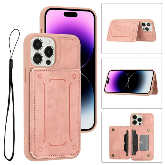 ELEHOLD Magnetic Wallet Case for iPhone 14 Pro 6.1",PU Leather Card Slots Stand Function Shockproof Multi-Functional Purse Case with Wrist Strap,Pink