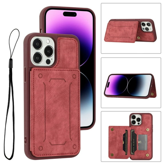 ELEHOLD Magnetic Wallet Case for iPhone 14 Pro Max 6.7",PU Leather Card Slots Stand Function Shockproof Multi-Functional Purse Case with Wrist Strap,Red