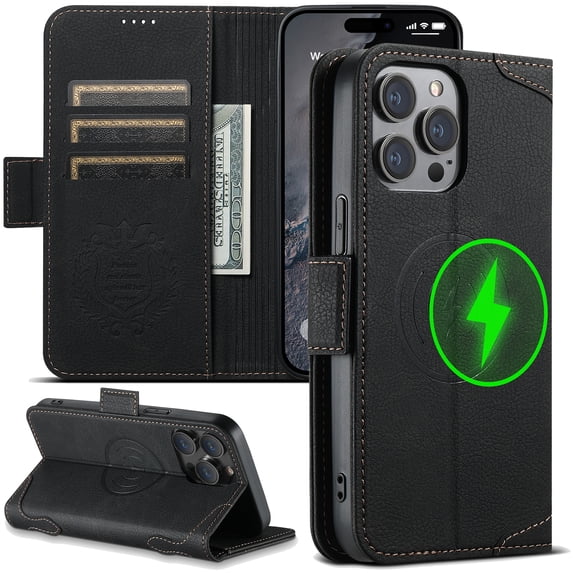 ELEHOLD Magnetic Wallet Case for iPhone 15 Flip PU Leather Case with Built-in Credit Card Slots Cash Pocket Stand Function Compatible with Mag Safe Magnetic Closure Shockproof Cover,black