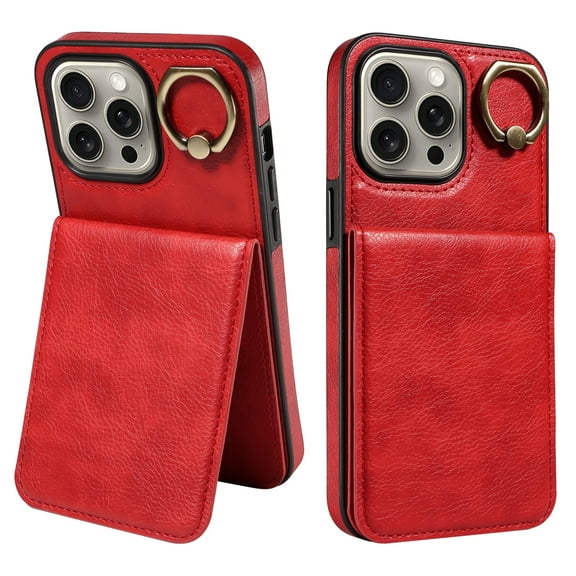 ELEHOLD Magnetic Wallet Case for iPhone 15 Pro, Built-in 360°Rotation Ring Stand,Slim Shockproof with Card Slot Retro PU Leather, Hybrid Rugged Drop Protective Cover, red