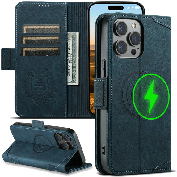 ELEHOLD Magnetic Wallet Case for iPhone 15 Pro Max Flip PU Leather Case with Built-in Credit Card Slots Cash Pocket Stand Function Compatible with Mag Safe Magnetic Closure Shockproof Cover,blue