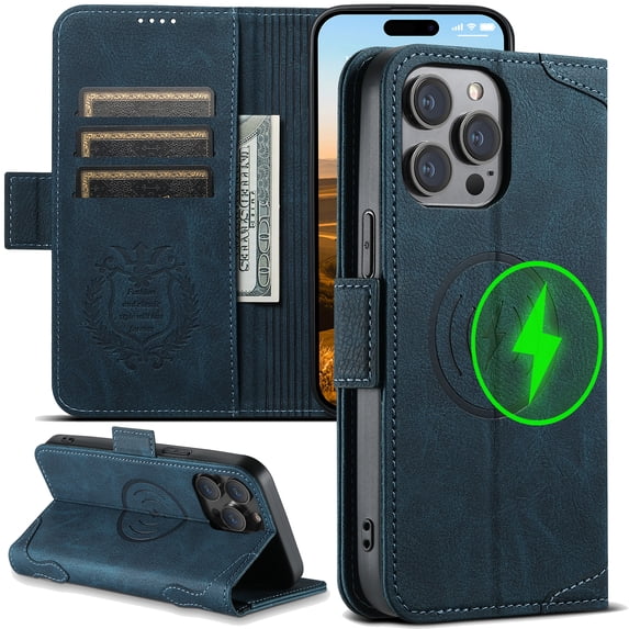 ELEHOLD Magnetic Wallet Case for iPhone 15 Pro Max Flip PU Leather Case with Built-in Credit Card Slots Cash Pocket Stand Function Compatible with Mag Safe Magnetic Closure Shockproof Cover,blue