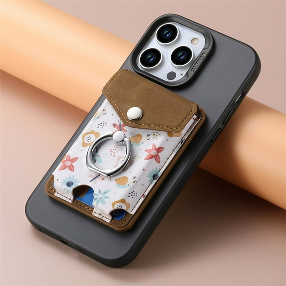 ELEHOLD Magnetic Wallet with Ring Holder, Compatible with MagSafe Wallet and Phone Stand, Cute Flower Pattern Magnetic Card Holder Wallet with Ring for iPhone 15/14/13/12 Series - Brown