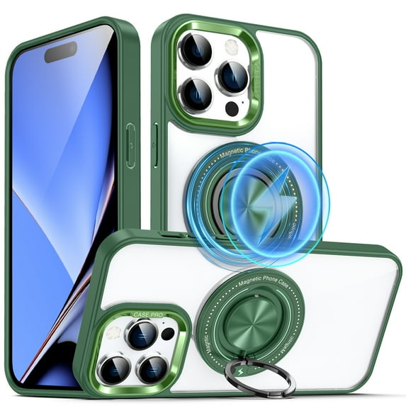 ELEHOLD Magnetic for iPhone 13 Pro Max Case,Transparent Clear Anti-Yellowing Rotation Ring Holder Kickstand Compatible with Mag Safe Work with Magnetic Car Mount,Slim Shockproof Protection,Green