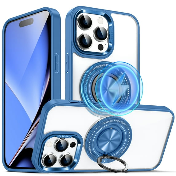 ELEHOLD Magnetic for iPhone 13 Pro Max Case,Transparent Clear Anti-Yellowing Rotation Ring Holder Kickstand Compatible with Mag Safe Work with Magnetic Car Mount,Slim Shockproof Protection,Darkblue