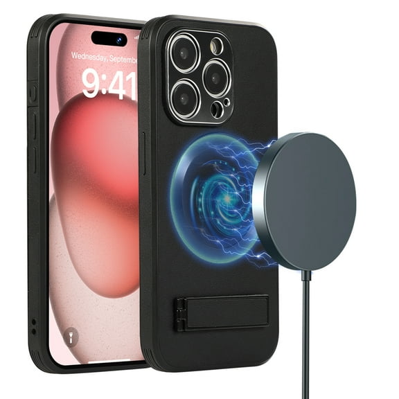 ELEHOLD Magnetic for iPhone 13 Pro Max Leather Case,Compatible with Magsafe,Built-in Invisible Stand,Premium PU Leather Slim Magnetic Case Kickstand Protective Phone Case for iPhone 13 Pro Max,Black