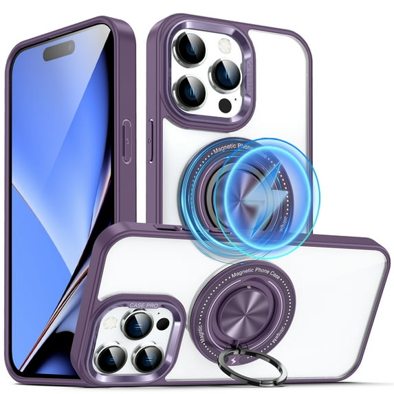 ELEHOLD Magnetic for iPhone 14 Pro Case,Transparent Clear Anti-Yellowing Rotation Ring Holder Kickstand Compatible with Mag Safe Work with Magnetic Car Mount,Slim Shockproof Protection,Purple
