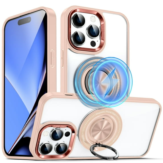ELEHOLD Magnetic for iPhone 14 Pro Case,Transparent Clear Anti-Yellowing Rotation Ring Holder Kickstand Compatible with Mag Safe Work with Magnetic Car Mount,Slim Shockproof Protection,Pink