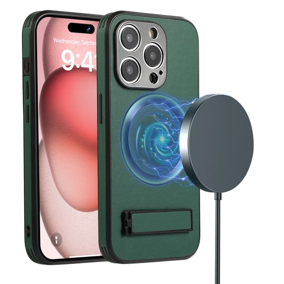 ELEHOLD Magnetic for iPhone 14 Pro Leather Case,Compatible with Magsafe,Built-in Invisible Stand,Premium PU Leather Slim Magnetic Case Kickstand Protective Phone Case for iPhone 14 Pro,Green