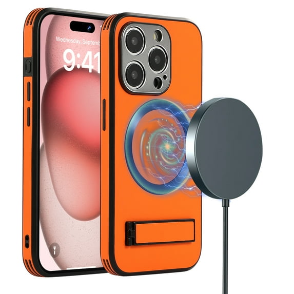 ELEHOLD Magnetic for iPhone 14 Pro Max Leather Case,Compatible with Magsafe,Built-in Invisible Stand,Premium PU Leather Slim Magnetic Case Kickstand Protective Phone Case for iPhone 14 Pro Max,Orange