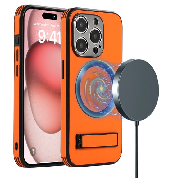 ELEHOLD Magnetic for iPhone 15 Pro Leather Case,Compatible with Magsafe,Built-in Invisible Stand,Premium PU Leather Slim Magnetic Case Kickstand Protective Phone Case for iPhone 15 Pro,Orange