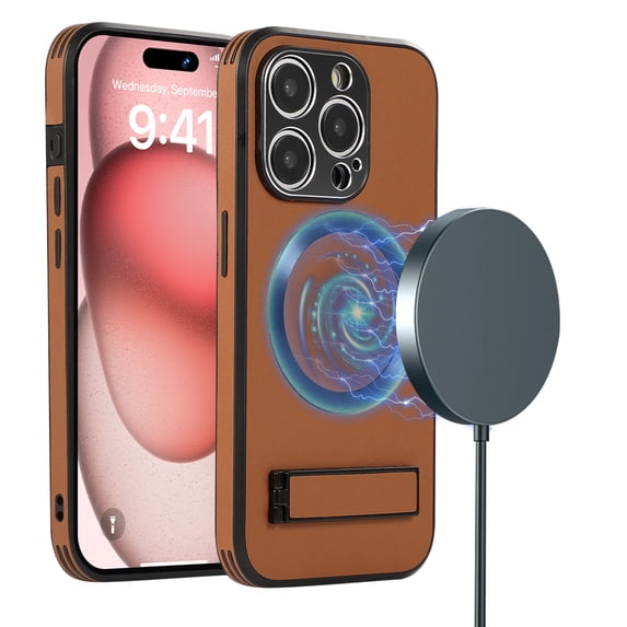 ELEHOLD Magnetic for iPhone 15 Pro Leather Case,Compatible with Magsafe,Built-in Invisible Stand,Premium PU Leather Slim Magnetic Case Kickstand Protective Phone Case for iPhone 15 Pro,Brown