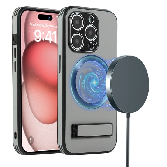 ELEHOLD Magnetic for iPhone 15 Pro Leather Case,Compatible with Magsafe,Built-in Invisible Stand,Premium PU Leather Slim Magnetic Case Kickstand Protective Phone Case for iPhone 15 Pro,Gray