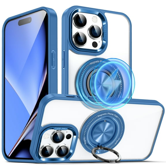 ELEHOLD Magnetic for iPhone 16 Plus Case,Transparent Clear Anti-Yellowing Rotation Ring Holder Kickstand Compatible with Mag Safe Work with Magnetic Car Mount,Slim Shockproof Protection,Darkblue