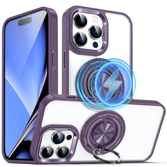 ELEHOLD Magnetic for iPhone 16 Pro Case,Transparent Clear Anti-Yellowing Rotation Ring Holder Kickstand Compatible with Mag Safe Work with Magnetic Car Mount,Slim Shockproof Protection,Purple