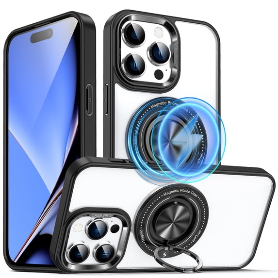 ELEHOLD Magnetic for iPhone 16 Pro Case,Transparent Clear Anti-Yellowing Rotation Ring Holder Kickstand Compatible with Mag Safe Work with Magnetic Car Mount,Slim Shockproof Protection,Black