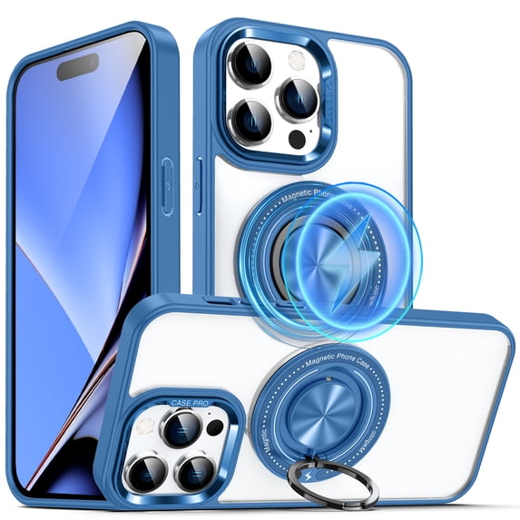 ELEHOLD Magnetic for iPhone 16 Pro Case,Transparent Clear Anti-Yellowing Rotation Ring Holder Kickstand Compatible with Mag Safe Work with Magnetic Car Mount,Slim Shockproof Protection,Darkblue