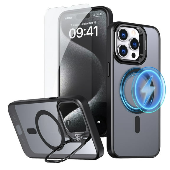 ELEHOLD Matte Magnetic Case for iPhone 12 Pro / iPhone 12 ,Translucent Clear Lens Frame Kickstand Compatible with Mag Safe Military Drop Protection Cover with 1 Pack Screen Protector,Black