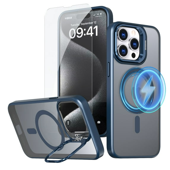 ELEHOLD Matte Magnetic Case for iPhone 13 Pro Max,Translucent Clear Lens Frame Kickstand Compatible with Mag Safe Military Drop Protection Cover with 1 Pack Screen Protector,Blue