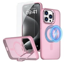 ELEHOLD Matte Magnetic Case for iPhone 15 Plus,Translucent Clear Lens Frame Kickstand Compatible with Mag Safe Military Drop Protection Cover with 1 Pack Screen Protector,Pink