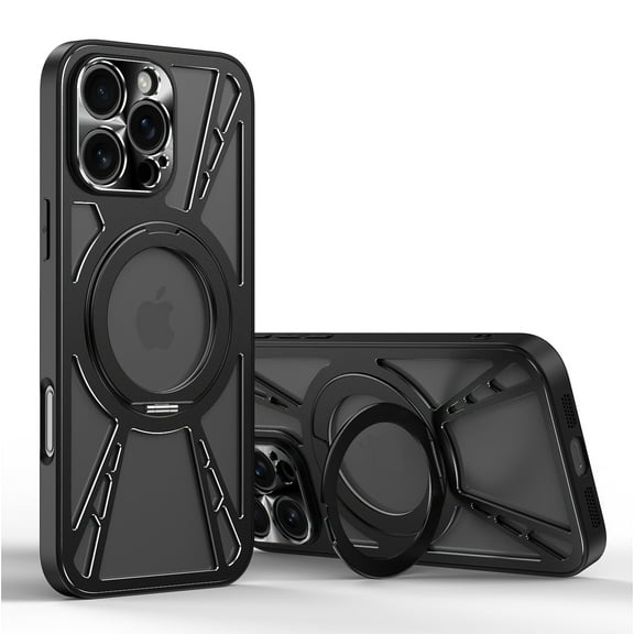 ELEHOLD Metal Case For iPhone 12 Pro Hollow Design Shockproof Magnetic Case Rugged Cover, [4-Corner Drop Protection], [MagSafe Compatible], [With Invisible 360° Rotable Ring Kickstand], Black