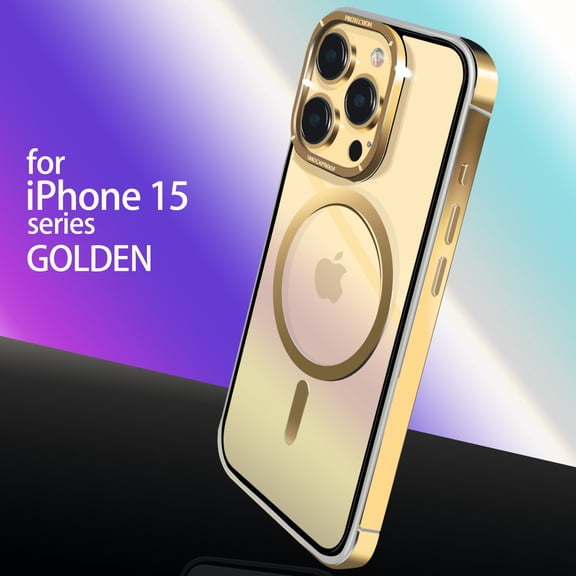 ELEHOLD Metal Case for iPhone 15 -6.1 Inch,Rugged Stainless Steel Frame Transparent Clear Back Strong Magnetic Compatible with MagSafe Shockproof Protective Case for iPhone 15,Gold