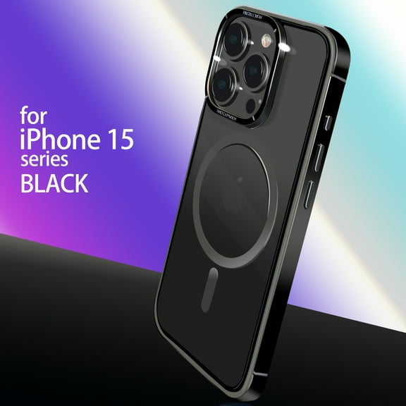 ELEHOLD Metal Case for iPhone 15 -6.1 Inch,Rugged Stainless Steel Frame Transparent Clear Back Strong Magnetic Compatible with MagSafe Shockproof Protective Case for iPhone 15,Black