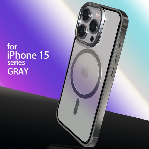 ELEHOLD Metal Case for iPhone 15 -6.1 Inch,Rugged Stainless Steel Frame Transparent Clear Back Strong Magnetic Compatible with MagSafe Shockproof Protective Case for iPhone 15,Grey