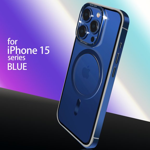 ELEHOLD Metal Case for iPhone 15 Pro 6.1 Inch,Rugged Stainless Steel Frame Transparent Clear Back Strong Magnetic Compatible with MagSafe Shockproof Protective Case for iPhone 15 Pro,Blue