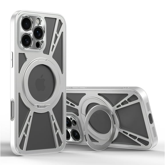 ELEHOLD Metal Case For iPhone 15 Pro Max Hollow Design Shockproof Magnetic Case Rugged Cover, [4-Corner Drop Protection], [MagSafe Compatible], [With Invisible 360° Rotable Ring Kickstand], Silver