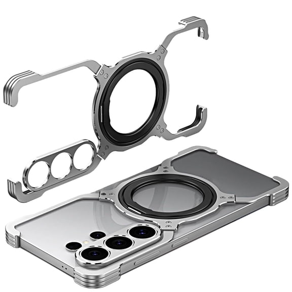 ELEHOLD Metal Frame Phone Case For Samsung Galaxy S26 Ultra , Magnetic Kickstand Ring Aluminum Metal Frame Protective Shell, Mag Safe Compatible, Sliver