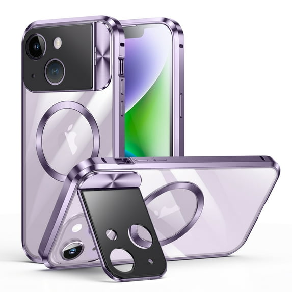 ELEHOLD Metal Magnetic for iPhone 13 Case with Stand, MagSafe Compatible Case with Full Camera Lens Protection, Metal Aluminum Alloy Bumper Magnetic Case with Safety Lock,Purple