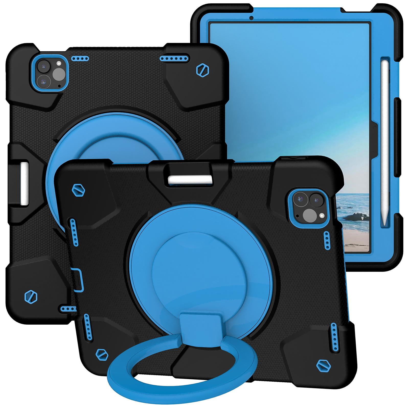 ELEHOLD Military Grade Shockproof Case For Apple iPad Air 11 (2024), Heavy Duty Protection Ring Stand Cover, Adjustable Angel, Detachable Shoulder Strap, Pencil Holder, Black+Blue