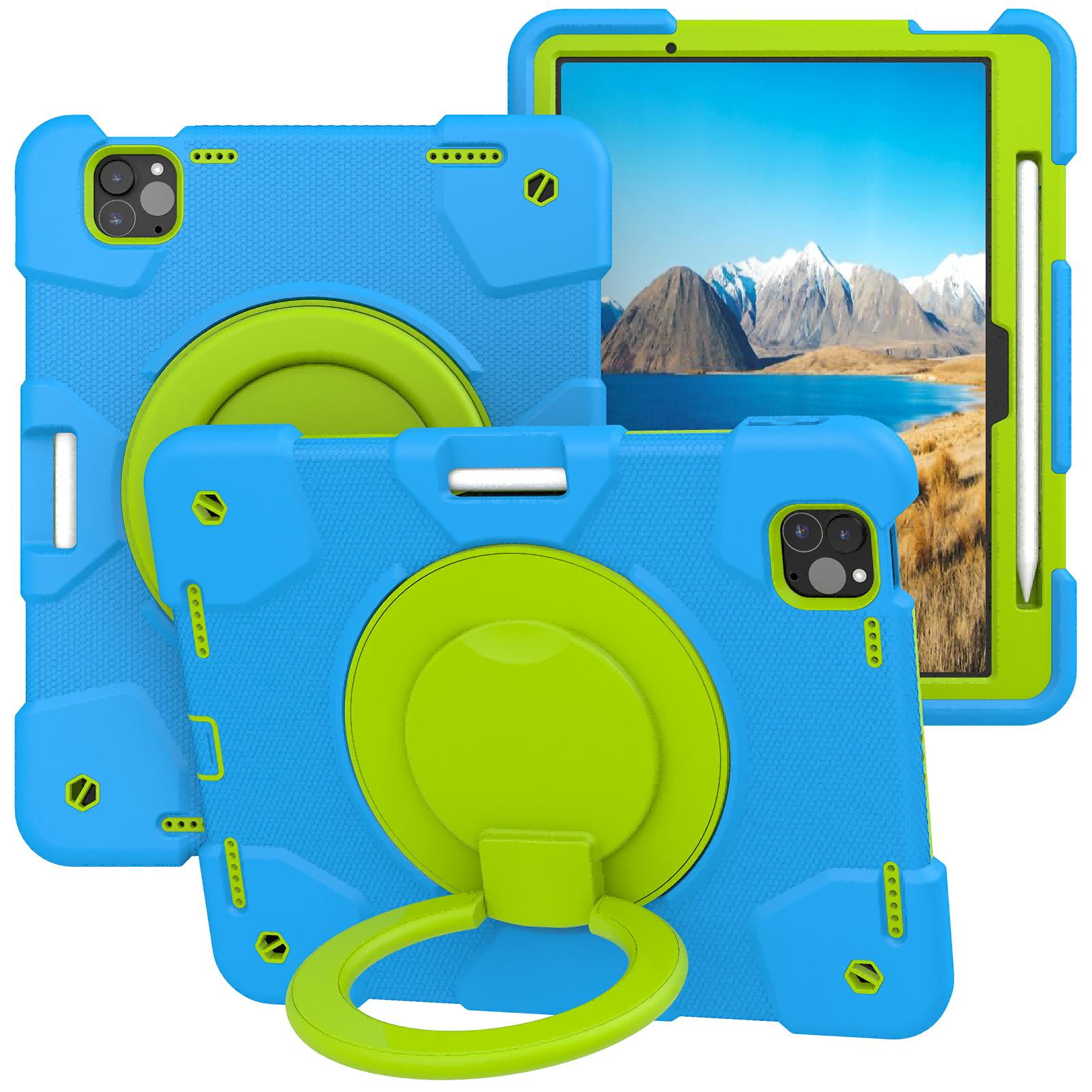 ELEHOLD Military Grade Shockproof Case For Apple iPad Air 11 (2024), Heavy Duty Protection Ring Stand Cover, Adjustable Angel, Detachable Shoulder Strap, Pencil Holder, Blue+Green