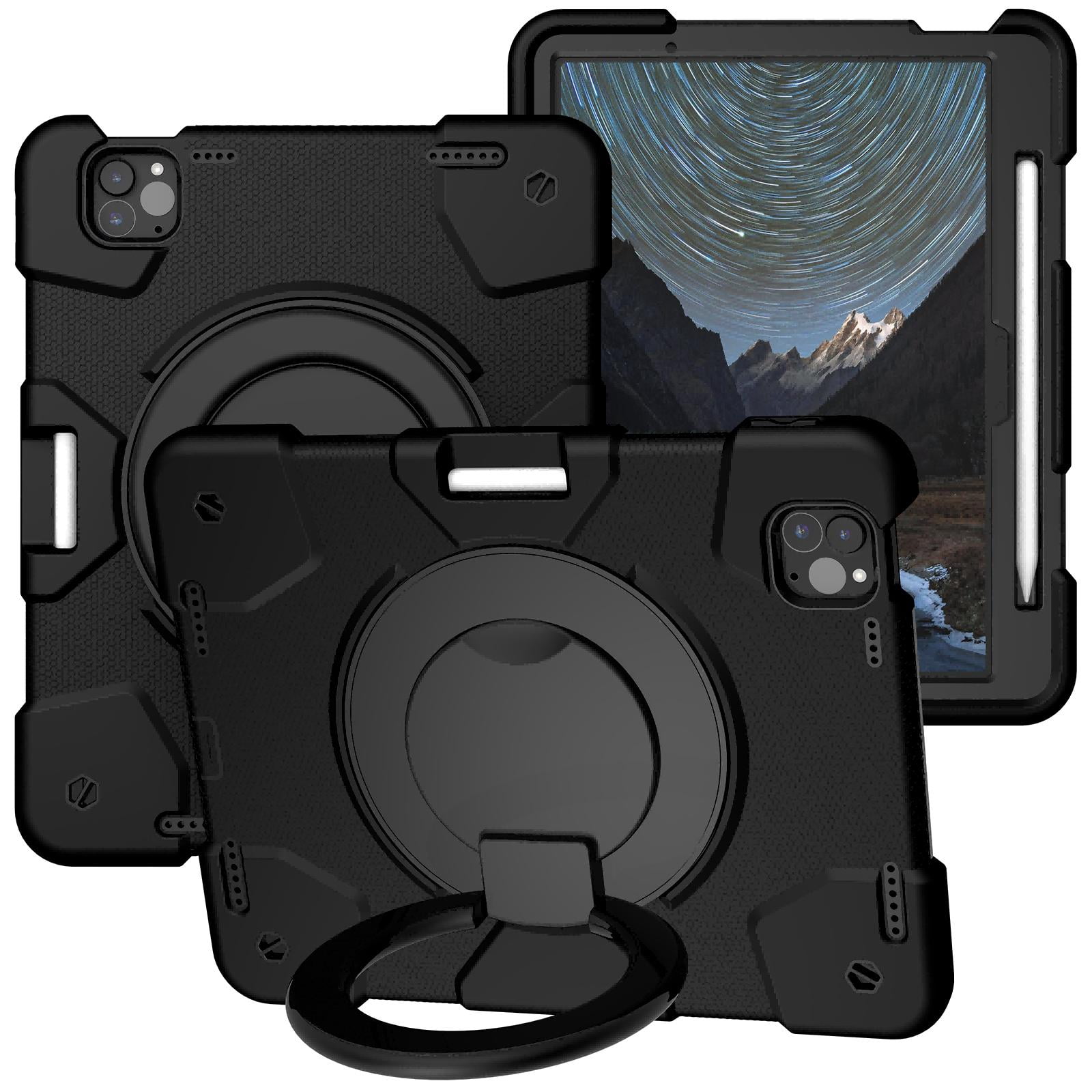 ELEHOLD Military Grade Shockproof Case For Apple iPad Air 11 (2024), Heavy Duty Protection Ring Stand Cover, Adjustable Angel, Detachable Shoulder Strap, Pencil Holder, Blacck