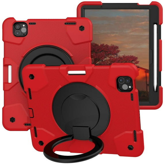 ELEHOLD Military Grade Shockproof Case For Apple iPad Air 11 (2024), Heavy Duty Protection Ring Stand Cover, Adjustable Angel, Detachable Shoulder Strap, Pencil Holder, Red+Black