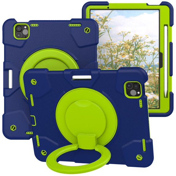 ELEHOLD Military Grade Shockproof Case For Apple iPad Air 11 (2024), Heavy Duty Protection Ring Stand Cover, Adjustable Angel, Detachable Shoulder Strap, Pencil Holder, Navy Blue+Green