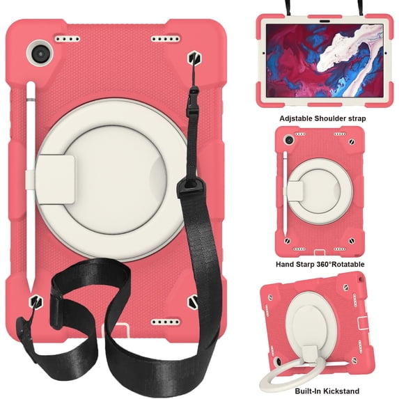 ELEHOLD Military Grade Shockproof Case For Samsung Galaxy Tab A8 10.5 (2022), Heavy Duty Protection Ring Stand Cover, Adjustable Angel, Detachable Shoulder Strap, Pencil Holder, Begonia Red