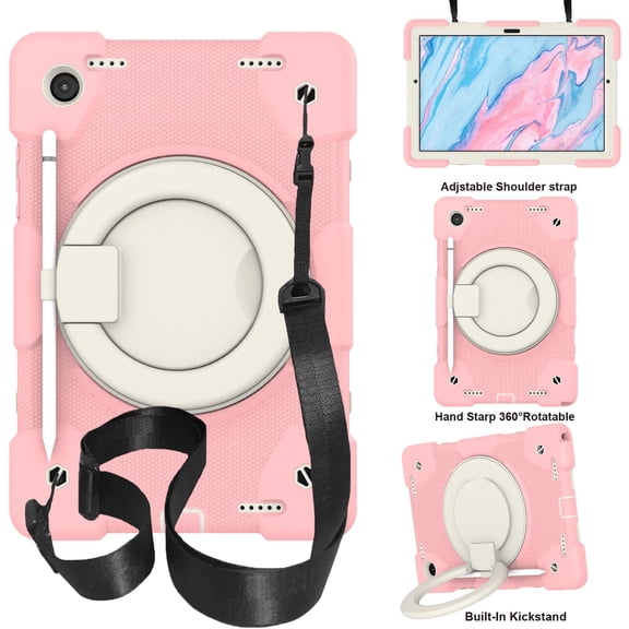 ELEHOLD Military Grade Shockproof Case for Samsung Galaxy Tab A9, Heavy Duty Protection Ring Stand Cover, Adjustable Angel, Detachable Shoulder Strap, Pencil Holder, Pink