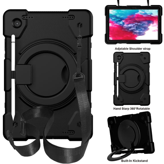 ELEHOLD Military Grade Shockproof Case for Samsung Galaxy Tab A9, Heavy Duty Protection Ring Stand Cover, Adjustable Angel, Detachable Shoulder Strap, Pencil Holder, Black