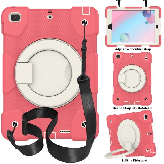 ELEHOLD Military Grade Shockproof Case For iPad 9.7 2017 / 2018, Heavy Duty Protection Ring Stand Cover, Adjustable Angel, Detachable Shoulder Strap, Begonia Red