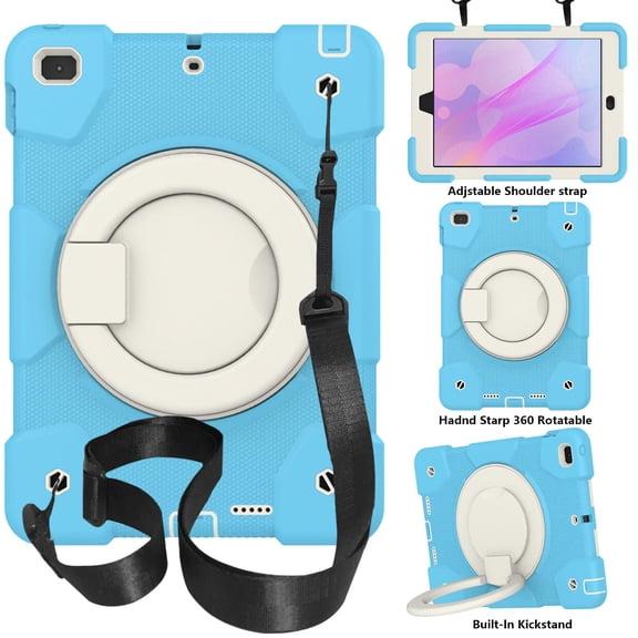 ELEHOLD Military Grade Shockproof Case For iPad 9.7 2017 / 2018, Heavy Duty Protection Ring Stand Cover, Adjustable Angel, Detachable Shoulder Strap,  Sky Blue