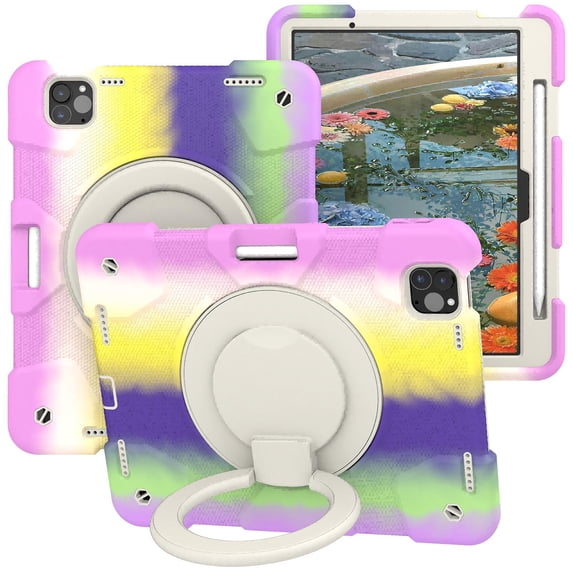 ELEHOLD Military Grade Shockproof Case For iPad Pro 11 2024, Heavy Duty Protection Ring Stand Cover, Adjustable Angel, Detachable Shoulder Strap, Pencil Holder, Colorful Purple