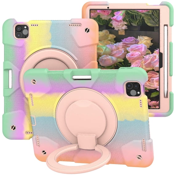 ELEHOLD Military Grade Shockproof Case For iPad Pro 11 2024, Heavy Duty Protection Ring Stand Cover, Adjustable Angel, Detachable Shoulder Strap, Pencil Holder, Colorful Rosegold