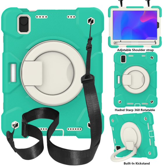 ELEHOLD Military Grade Shockproof Case For iPad mini (6th Generation), Heavy Duty Protection Ring Stand Cover, Adjustable Angel, Detachable Shoulder Strap, Pencil Holder, Mint Green